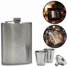 Kit Cantil De Aço Inox Bolso Porta Whisky Bebida Água Com 02 Copos Funil Garrafa Portátil Para Jaqueta Presente 250ml