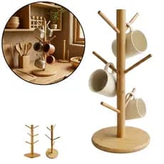 Porta Xícaras De Bambu Suporte Organizador Escorredor 6 Ganchos Para Caneca Copo Café Cozinha Decoração Resistente 34x14