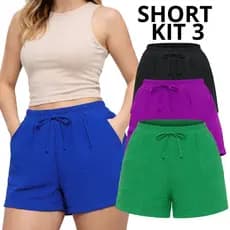 Kit 3 Short Feminino Duna com Bolso Cintura Elástica Cordão Ajustável Leve Casual Verão Dia a Dia