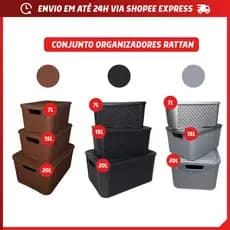 Kit 3 Caixa Organizadora Tampa 7L 15L 20L Empilhável Preto Café Cinza Casa Escritório