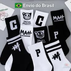 Meia Streetwear Cano Médio Alto Skate Aesthetic Casual Preta Branca Unissex Kit com 5 e 10 Pares