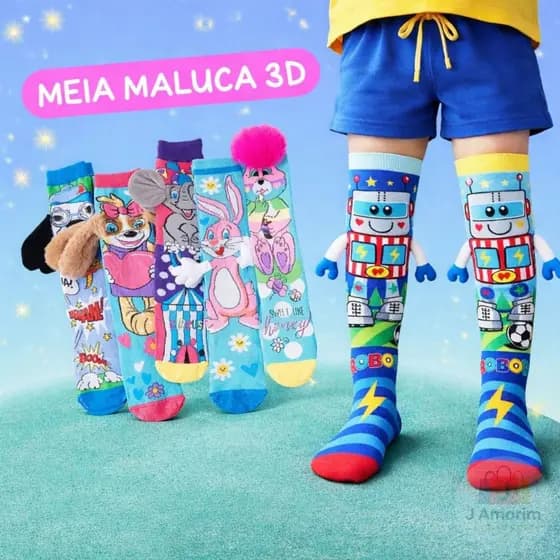 Meia Maluca Infantil 3D Divertida com Personagens Fofos