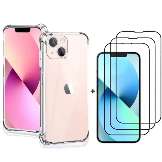 Kit 3 Película Vidro 3D + Capa Capinha Transparente IPhone 7/8 Plus Xr 11 12 13 14 15 16 Pro Max