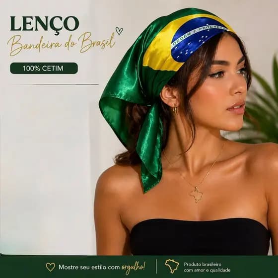Lenço Bandana Feminino Bandeira do Brasil 50×50 Pequeno Cetim Quadrado Estampado Moda Elegante Multiuso