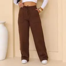 Calça Pantalona Moletom Feminina Flanelada Wide-Leg Cintura Alta Conforto Tendencia Casual