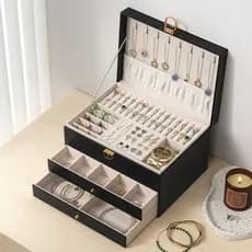 Caixa Organizadora De Jóias Feminina Em Couro Com Duas Camadas/Anéis/Colar Fecho -Q19