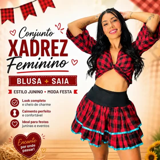 Conjunto Feminino Saia Junina Country Boiadeira Cowboy Xadrez Blusa Cropped Festa Junina Rodeio