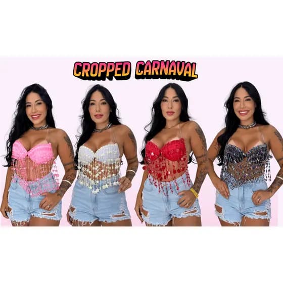 Cropped Carnaval Luxo com Pedrinhas Brilhantes Novidade 2026 Look Carnaval, Festa, Bloco Body Shine