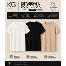 Kit 3 Camisetas Básicas Algodão Unissex Branco Preto Nude Lisa Confortável Casual Dia a Dia