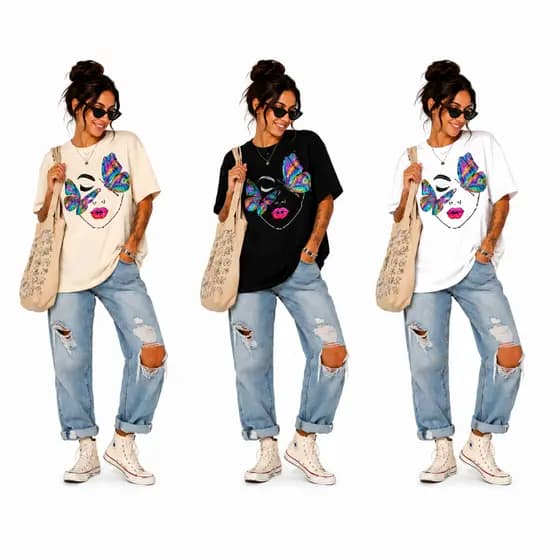 Camiseta Feminina Borboleta Estampada 100% Algodão Rosto Mulher Gola Redonda Estilosa
