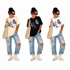 Camiseta Feminina Borboleta Estampada 100% Algodão Rosto Mulher Gola Redonda Estilosa