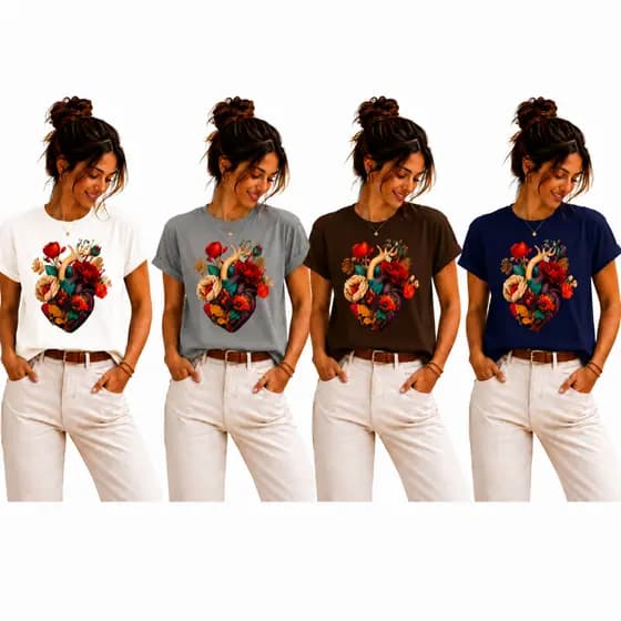 Camiseta Casual Feminina de Manga Curta com Gola Redonda Estampa Coração Floral Vintage Tecido Leve Estilosa