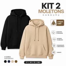 Kit 2 Blusas Moletom Canguru Com Capuz Liso Frio Unissex Masculino e Feminino Com bolso Algodão Flanelado