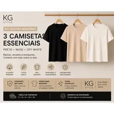 Kit 3 Camisetas Básicas Algodão Premium Unissex Preto Nude Off White Minimalista Lisa Casual
