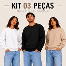 Kit 3 Blusas Moletom Careca Liso Frio Unissex Masculino e Feminino Algodão Gola Redonda Sueter Branco Preto Bege Nude