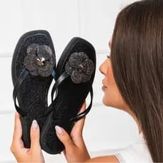 Rasteiras Strass Flor Bico Quadrado - Fashion Luxo Moda Elegante