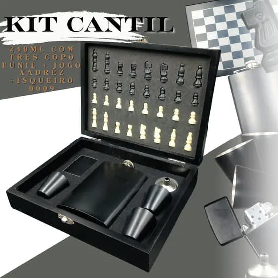 Kit Cantil 240ml Com Tres Copo Funil + Jogo Xadrez +Isqueiro 0009