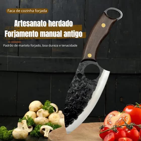 Cutelo Forjado Artesanal Rústico com Bainha de Couro - Camping e Chef