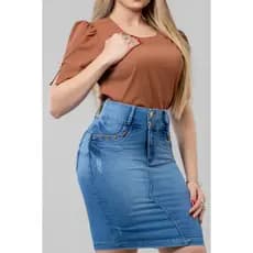 Saia Jeans Feminina Com Detalhe de Courinho No Bolso