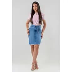 Saia Jeans Lápis Cintura Alta Cordão Desfiada Com Lycra