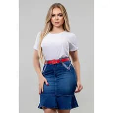 Saia Jeans Midi Sereia Com Cinto Vermelho Moda Evangélica Luxo