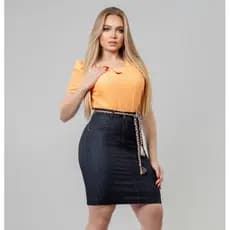 Saia Jeans Reta  Premium Cintura Alta  Cinto de Corda Trançada Colorida  Moda Evangélica e Casual