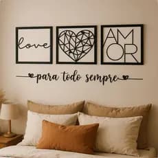 Kit 3 Quadros Decorativos Quarto Sala Mdf Vazado Love Amor Geometrico Frase Para Todo Sempre