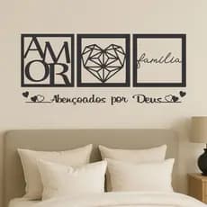 Kit 3 Quadros Cabeceira Amor Coração Geométrico + Frase Parede Abençoados Por Deus + 2 mini coração