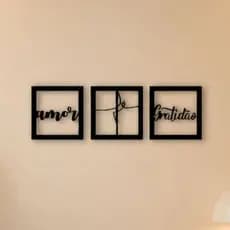 Trio Quadros Fé Amor Gratidão Vazado Pequenos Decorativo Mdf Preto