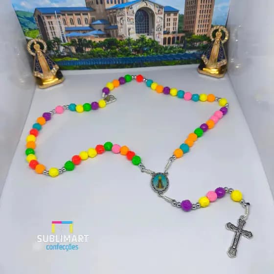 terço infantil colorido, terço de rosinhas, terço de Nossa Senhora Aparecida, terço para crianças