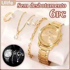 KIT6 Relógio Feminino de Quartzo com Diamantes – Conjunto de Pulseira de Aço Inoxidável Para Aniversário-UF