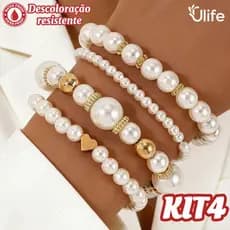 Kit de Pulseiras de Pérola Aprova d'Água - Conjunto com Detalhes Dourados, Pulseiras Femininas