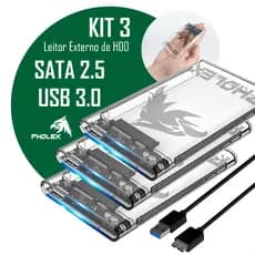 Kit 3 Case Hd Externo Usb 3.0 Transparente Para Hd/ssd Sata 2,5 Pholex Gaveta Adaptador Portátil Notebook E Pc