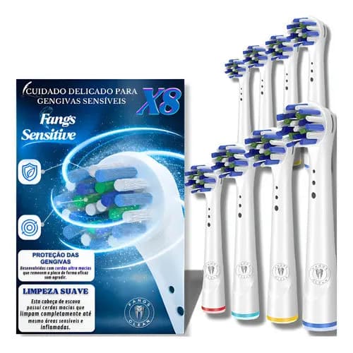 Kit 8 Refis de Escova Elétrica Fangs Clean Sensitive compativél com Oral-B para gengivas sensíveis