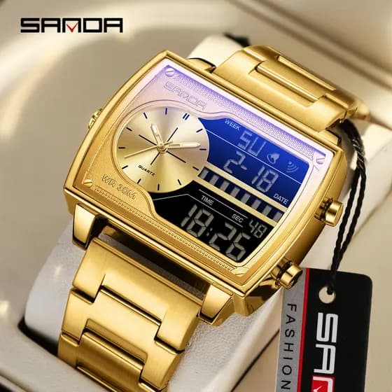 SANDA Relógio De Quartzo Masculino De Luxo Moda Quadrado Contagem Regressiva Esportes À Prova D'água Dual Display LED Di