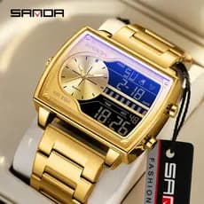 SANDA Relógio De Quartzo Masculino De Luxo Moda Quadrado Contagem Regressiva Esportes À Prova D'água Dual Display LED Di
