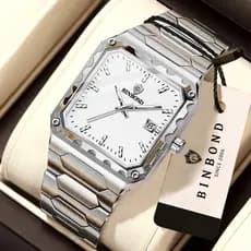 BINBOND 2517 Marca Puro high-end Relógio De Quartzo Masculino Conceito Mostrador Quadrado Calendário Tira De Aço À Prova