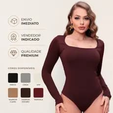 Body Feminino Manga Longa Gola Quadrada Básico Elegante Suplex Premium Inverno Bori para o Inverno