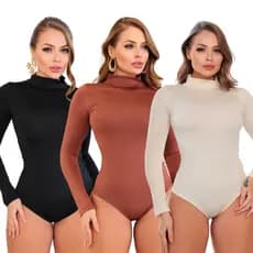 Kit 3 Body Feminino Básico Elegante | Gola Alta Suplex | Manga Longa Segunda Pele