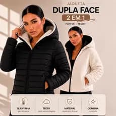 Jaqueta Feminina Dupla Face Puffer Teddy Peluciada Inverno Premium Com Capuz Quentinha Impermeável