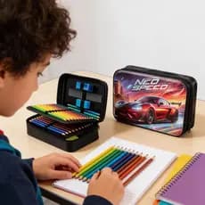 Estojo Box Organizador para escola Grande e Divisórias c/52 espaços Carros