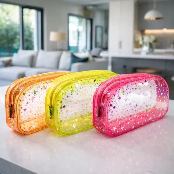 Necessaire Neon Transparente com Estrela - Organizador Multiuso para Maquiagem, Viagem e Dia a Dia