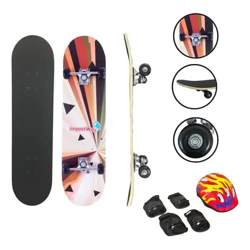 Skate Infantil Semi Profissional + Kit Equipamentos Segurança Shape Estampado Suporta até 50kg 31' Rodas 50mm BW014K