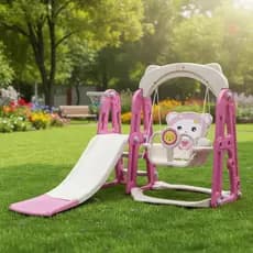 Playground 3 Em 1 Infantil Rosa Com Escorregador Balanço e Cesta Basquete Seguro e Divertido