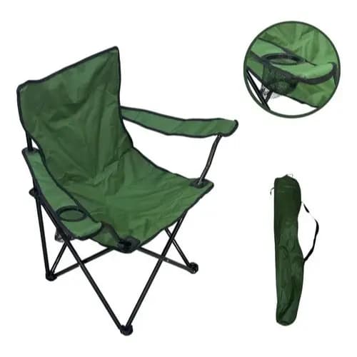Cadeira de Camping Dobrável Verde, Com Apoio de Braços e Porta-Copos