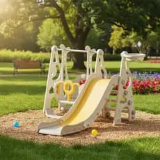 Playground Infantil 3 Em 1 Bege Com Escorregador Balanço e Cesta de Basquete Diversão Completa