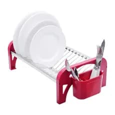 Escorredor de Louça 16 Pratos Vermelho em aço Inox Compacto com Porta Talheres Cozinha Organizador