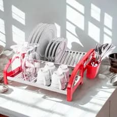 Escorredor de Louça 16 Pratos Vermelho em aço Inox Cama com Porta Talheres Pia Cozinha Organizador