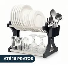 Escorredor de Louça 16 Pratos Preto em aço Inox Alto com Porta Talheres Pia Cozinha Organizador