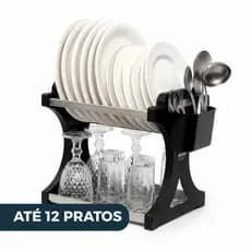 Escorredor de Louça 12 Pratos Preto em aço Inox Alto com Porta Talheres Pia Cozinha Organizador